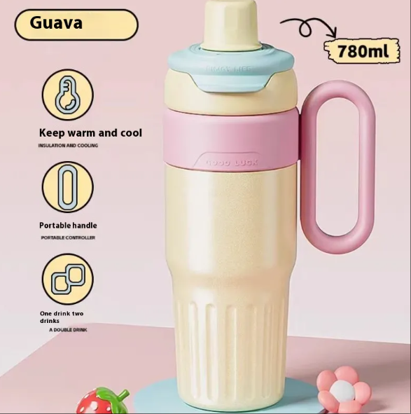 High color value large capacity straw ice cup double vacuum thermos cup creative warm color double drink handle cup wholesale