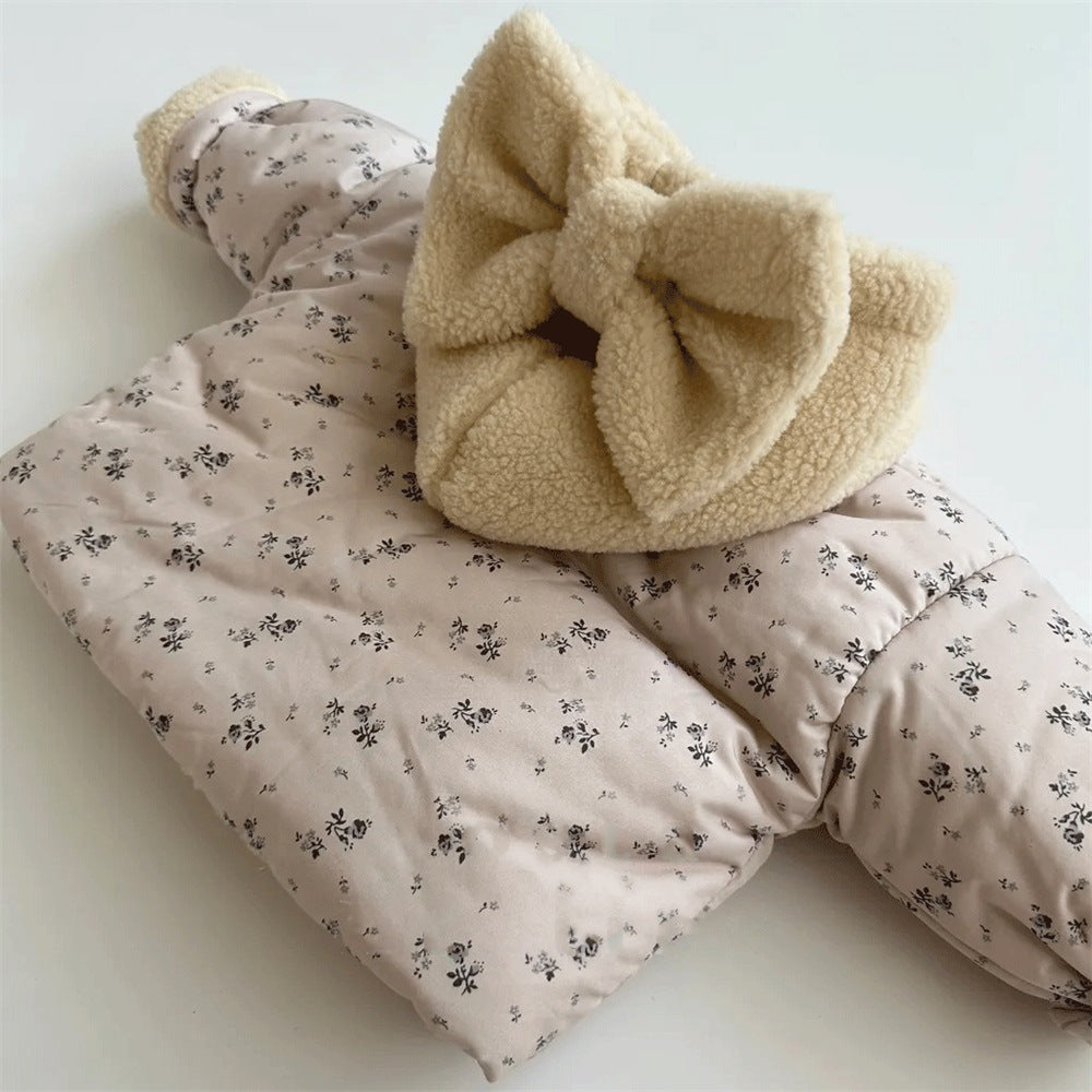 Ins Korean Style Autumn and Winter New Baby Girl's Thickened Hooded Cotton-padded Jacket Girl's Lamb Fleece Floral Cotton-padded Jacket