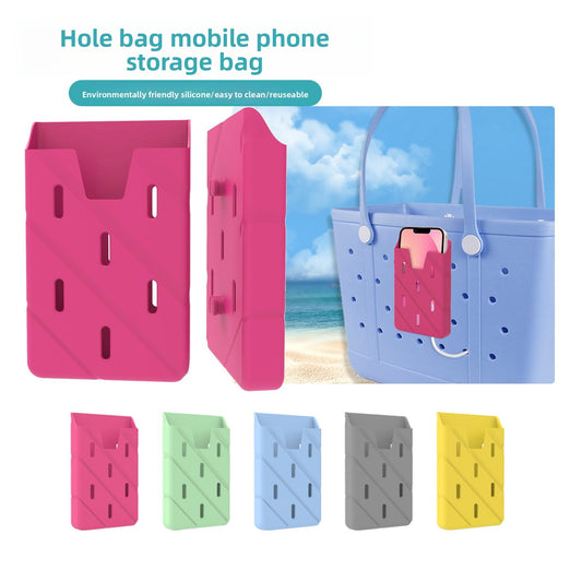 Beach bag with silicone phone storage accessory