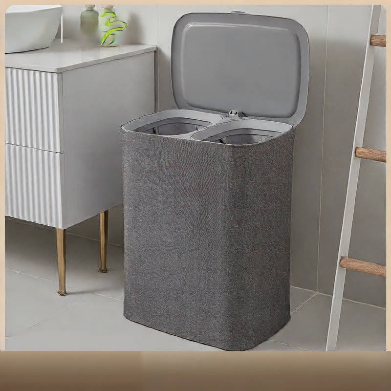 A covered dirty clothes basket