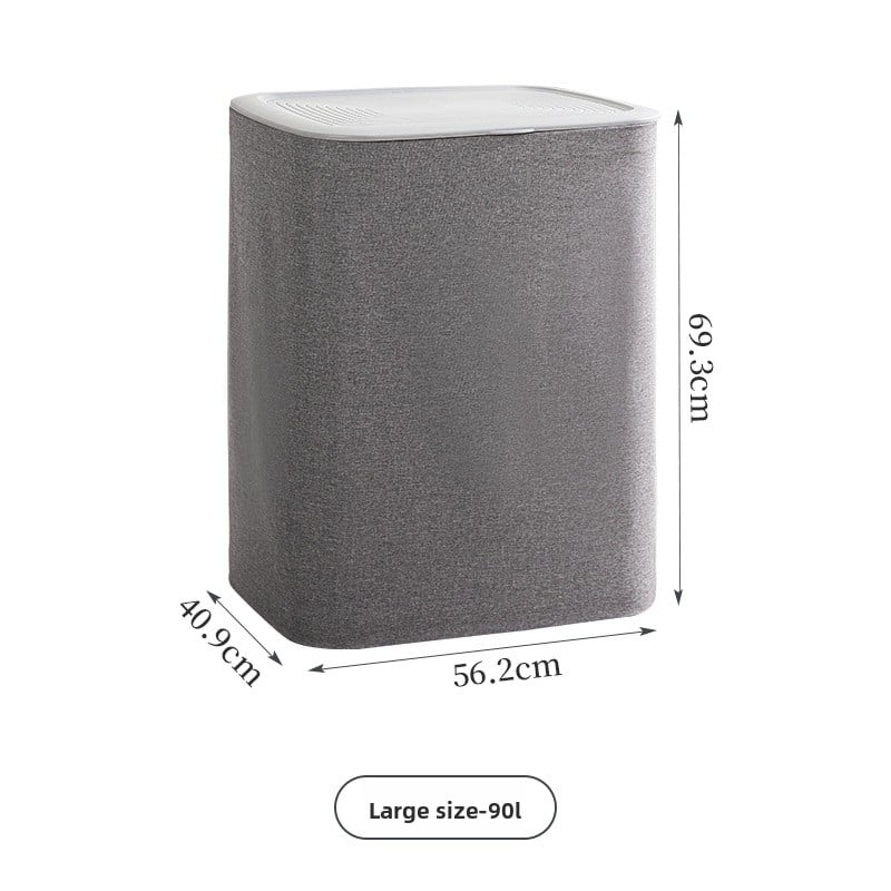 A covered dirty clothes basket