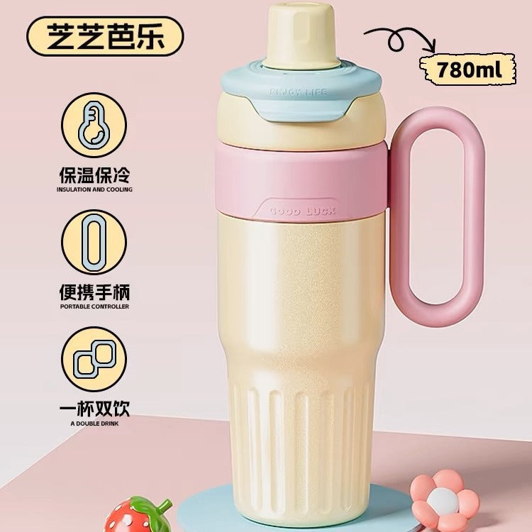 High color value large capacity straw ice cup double vacuum thermos cup creative warm color double drink handle cup wholesale