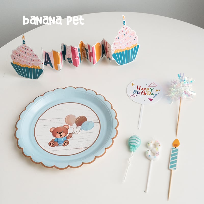 Pet Small Dog Cat Dog Birthday Dress Cake Digital Candle Cute Animal Blue Bib Paper Tray