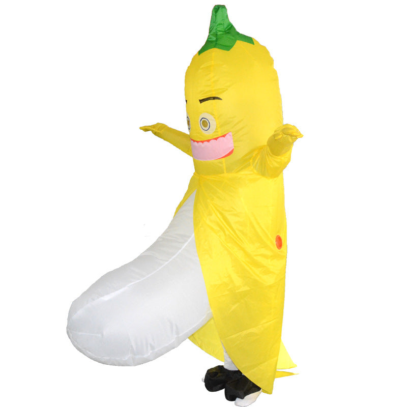Mocking the costume of the banana man prop