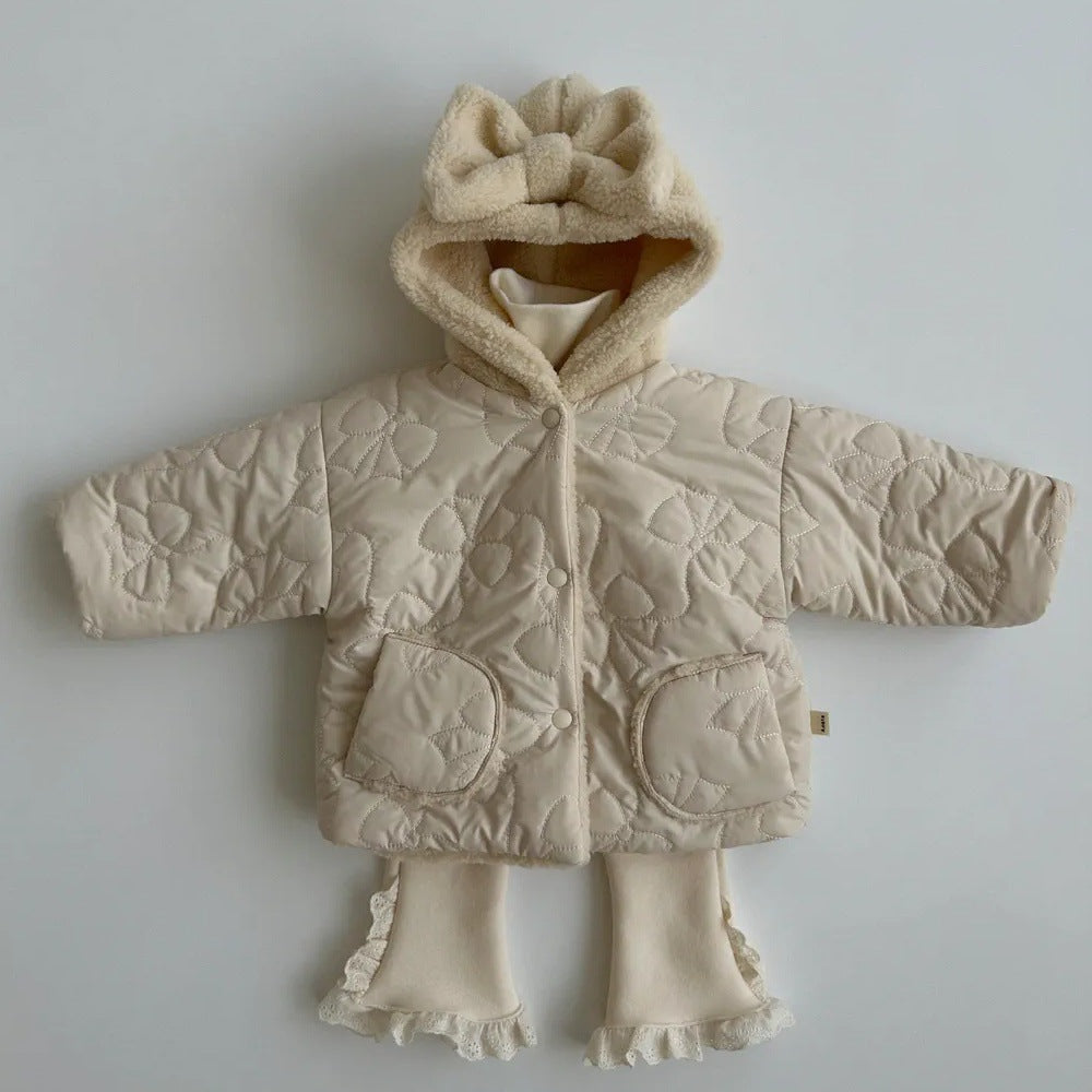 Ins Korean Style Autumn and Winter New Baby Girl's Thickened Hooded Cotton-padded Jacket Girl's Lamb Fleece Floral Cotton-padded Jacket
