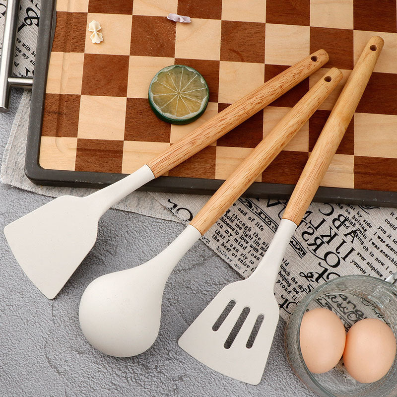 Wooden Handle Silicone Spatula and Spoon Set, Home Kitchen Tools