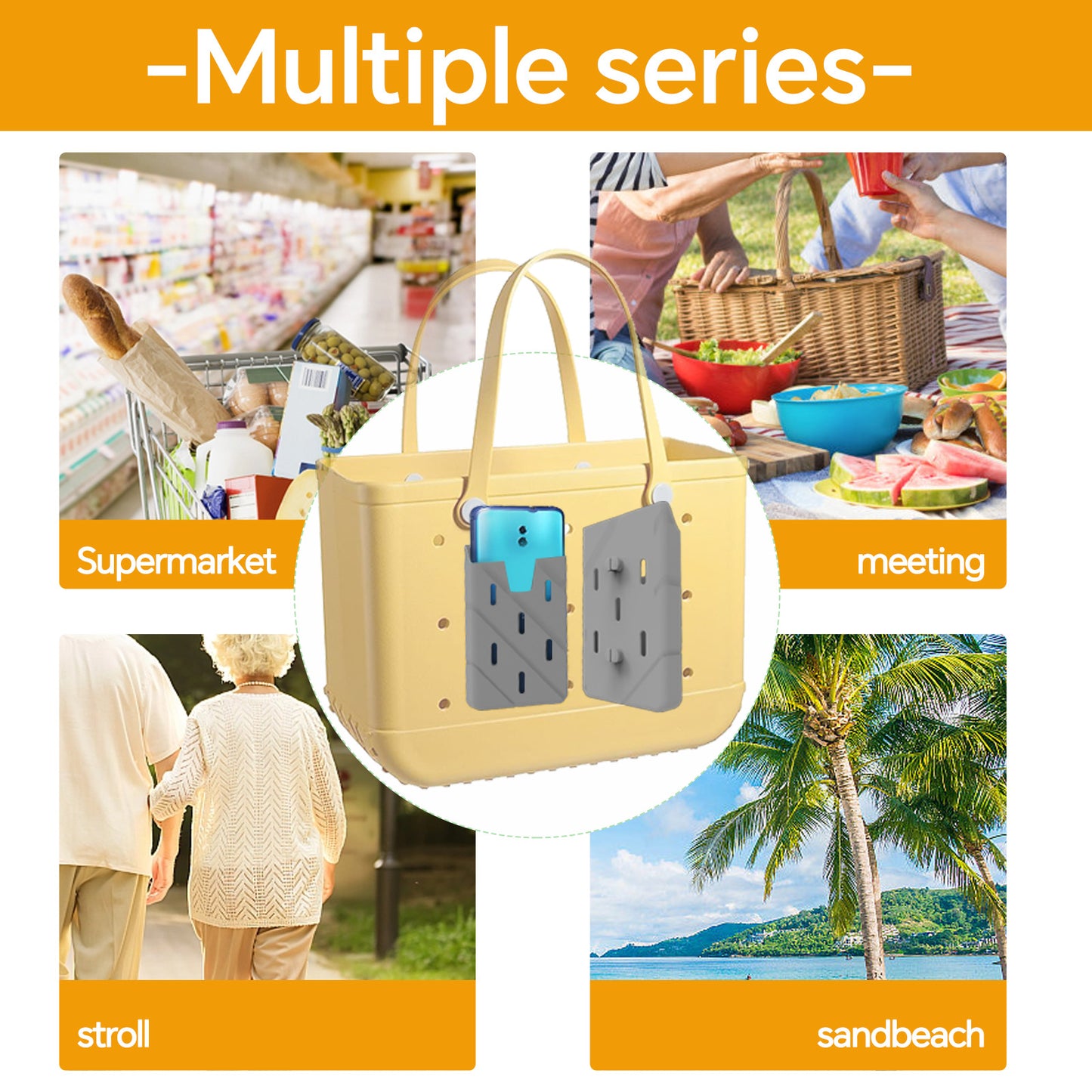 Beach bag with silicone phone storage accessory