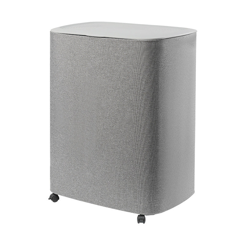 A covered dirty clothes basket