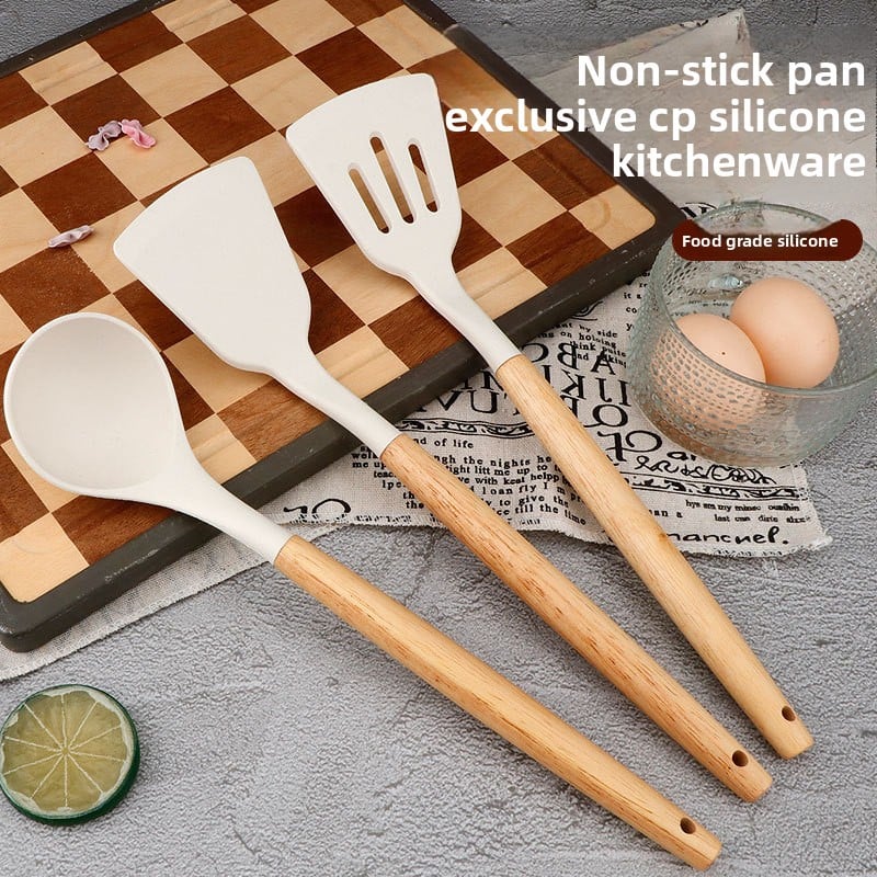 Wooden Handle Silicone Spatula and Spoon Set, Home Kitchen Tools