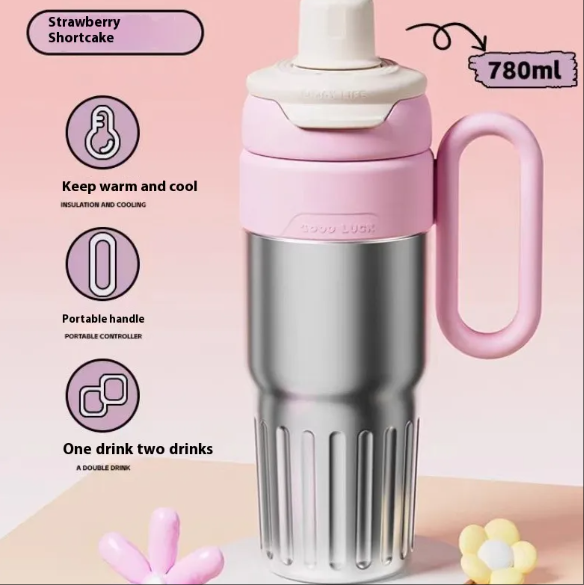 High color value large capacity straw ice cup double vacuum thermos cup creative warm color double drink handle cup wholesale