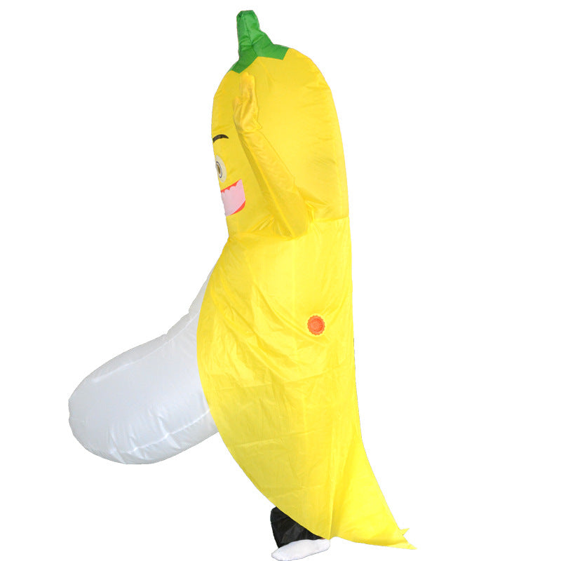 Mocking the costume of the banana man prop