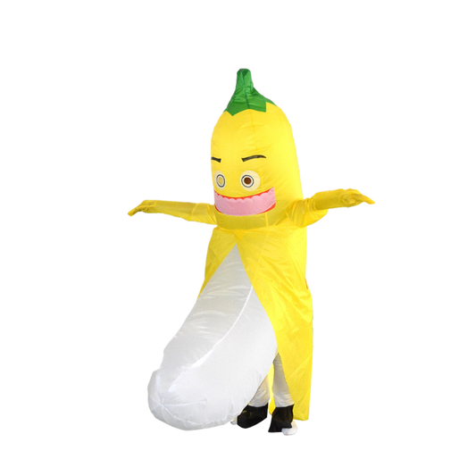 Mocking the costume of the banana man prop