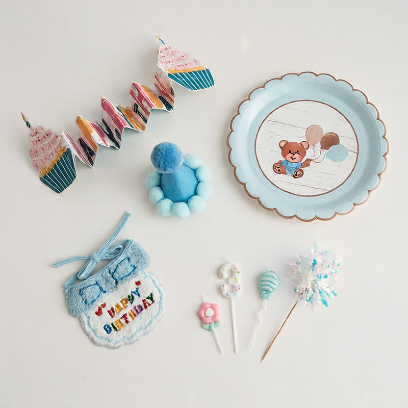 Pet Small Dog Cat Dog Birthday Dress Cake Digital Candle Cute Animal Blue Bib Paper Tray
